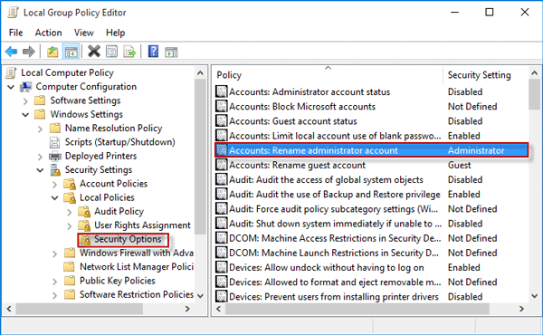 Rename administrator account policy