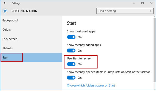 Use Start full screen