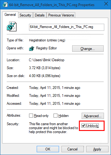 Unblock file in file Properties