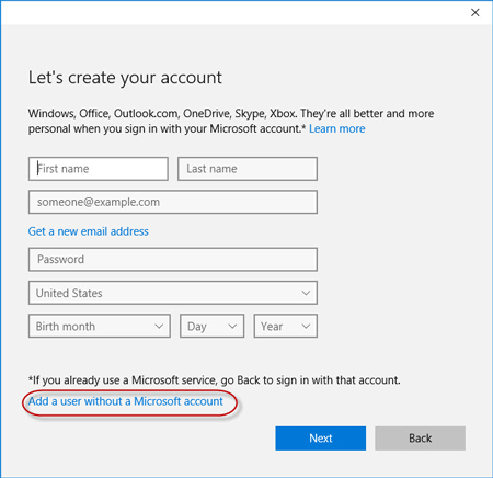 Add user without Microsoft account