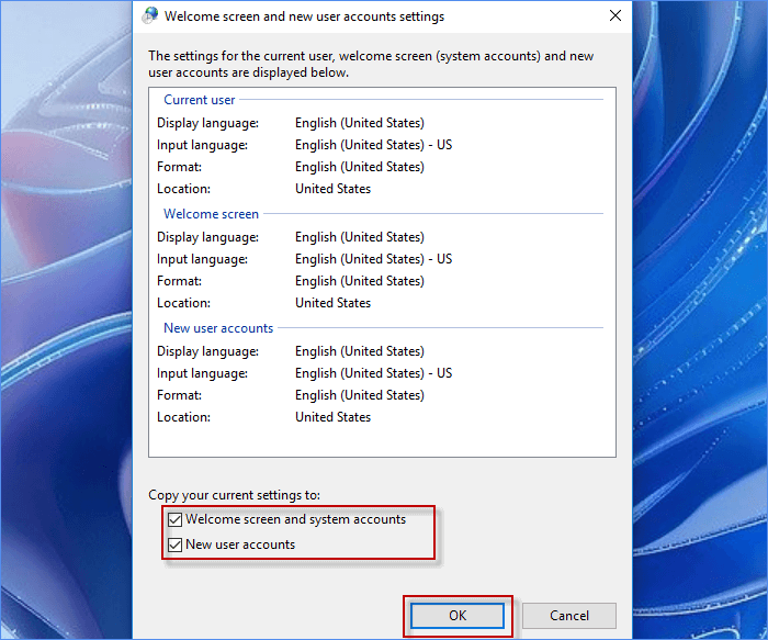 Check the boxes for Welcome screen and system accounts and New user accounts.