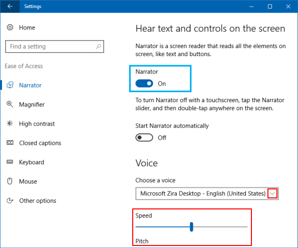 Turn on Narrator settings