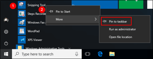 Pin Snipping tool to Start