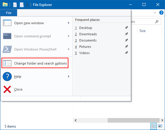 Change folder and search options