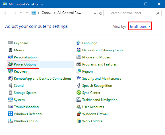 Open Power Options from Control Panel