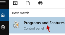 open Programs and Features in Windows 10