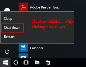 Perform a full shutdown using Shift key