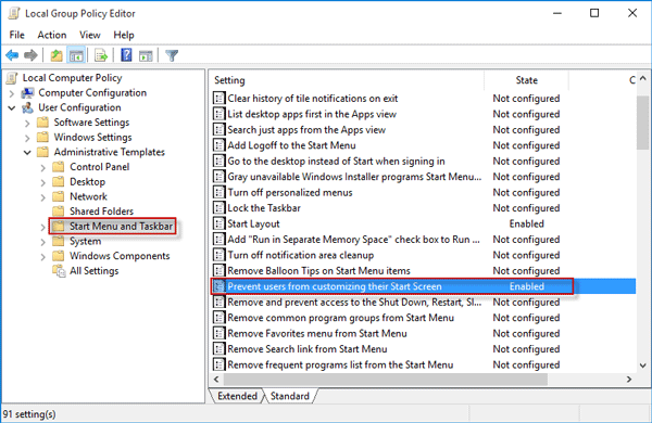 Prevent users from customizing their start screen