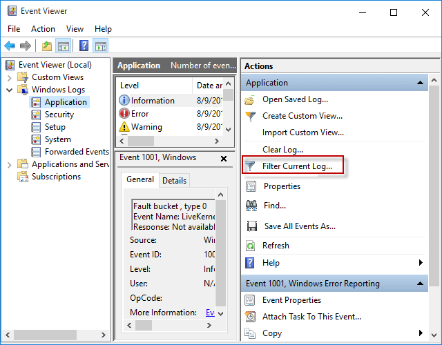 Click Filter Current Log