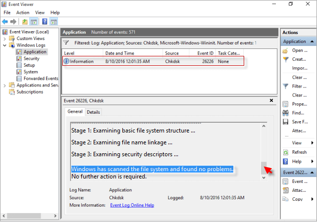 View all event log for Chkdsk