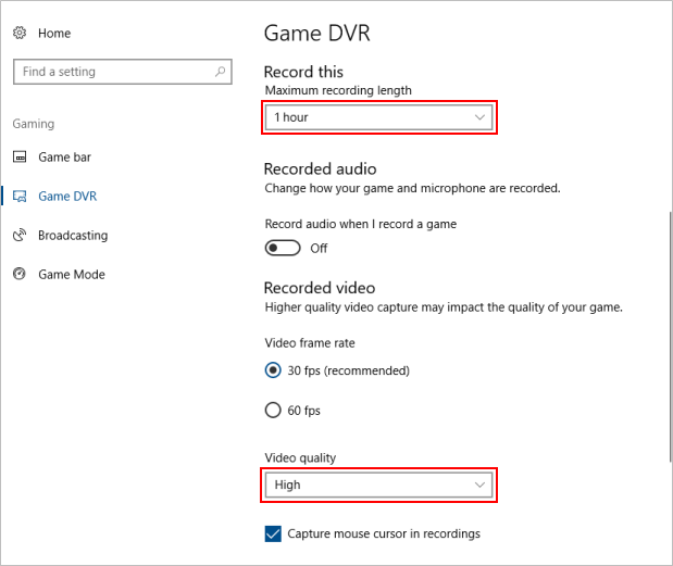 Change Game DVR settings