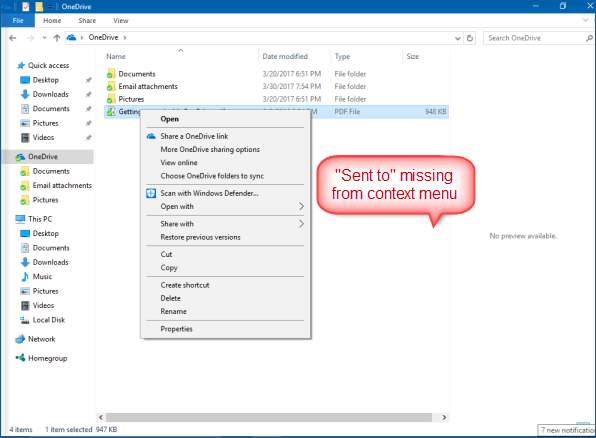 Remove Sent To context menu