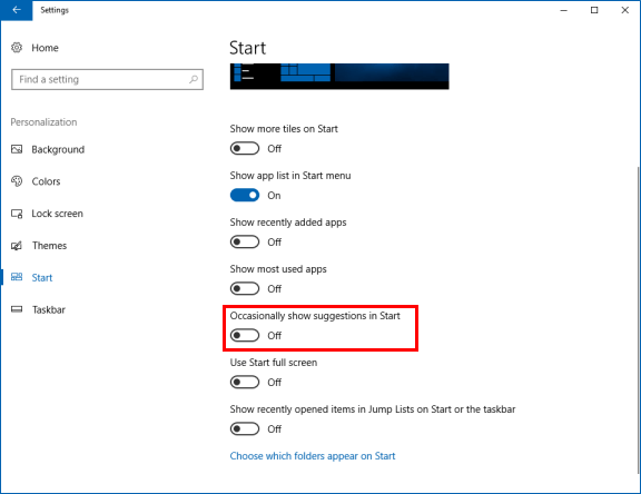 Turn off occasionally show suggestions in Start