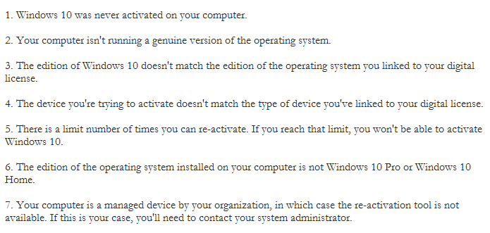 the reason why cannot reactivate Windows
