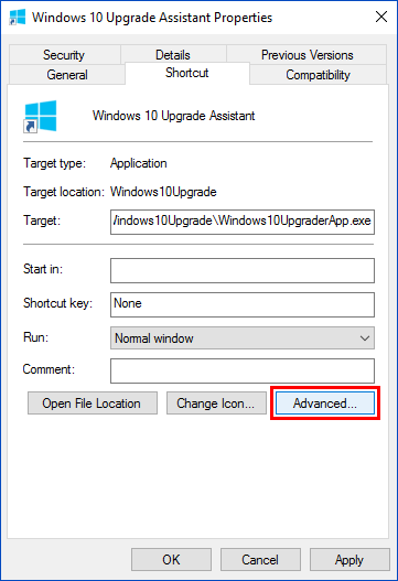 Shortcut Advanced Properties