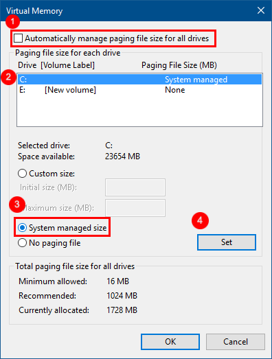 Let system manage pagefile size