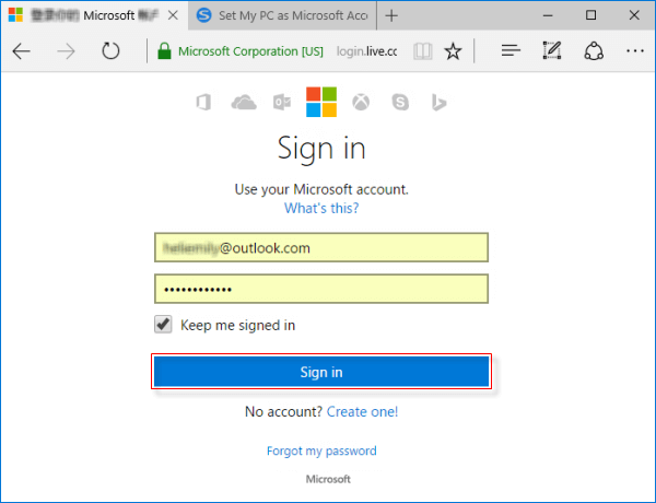 sign in with microsoft account