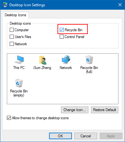 Show or hide Recycle Bin icon on Desktop