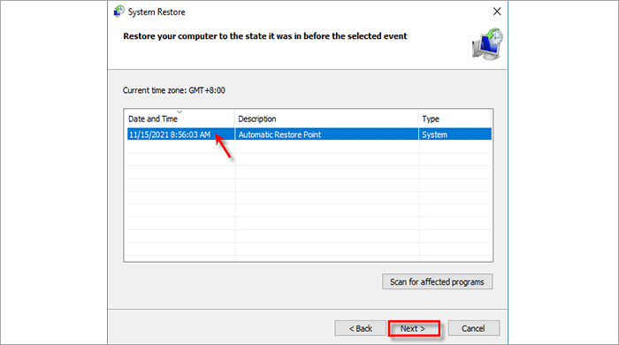 select restore point and click Next