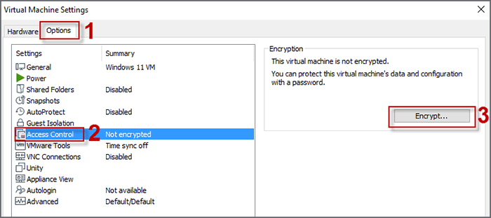 Enter Option and choose Access Control. Click on Encrypt