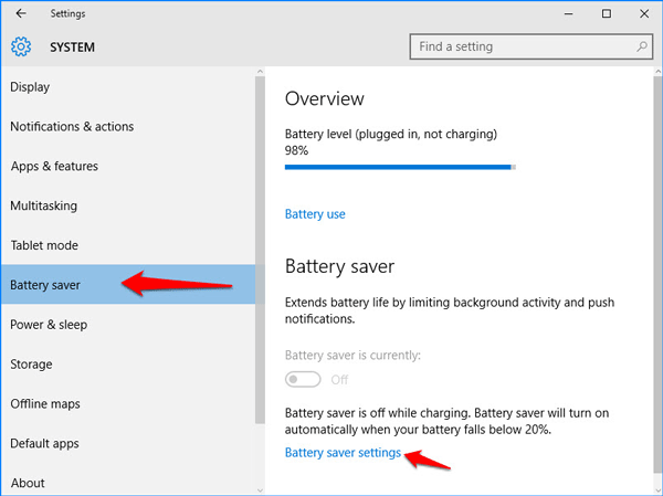 Click Battery saver settings link