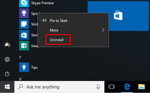 Uninstall apps in Start Menu