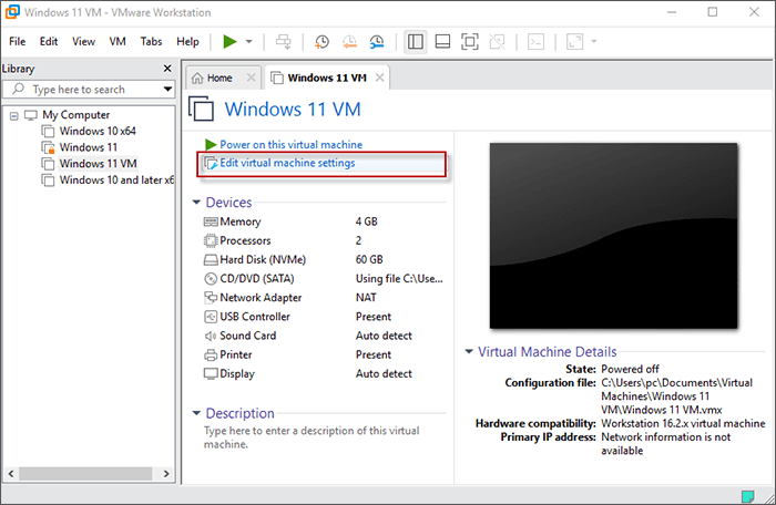 Click on Edit virtual machine settings 