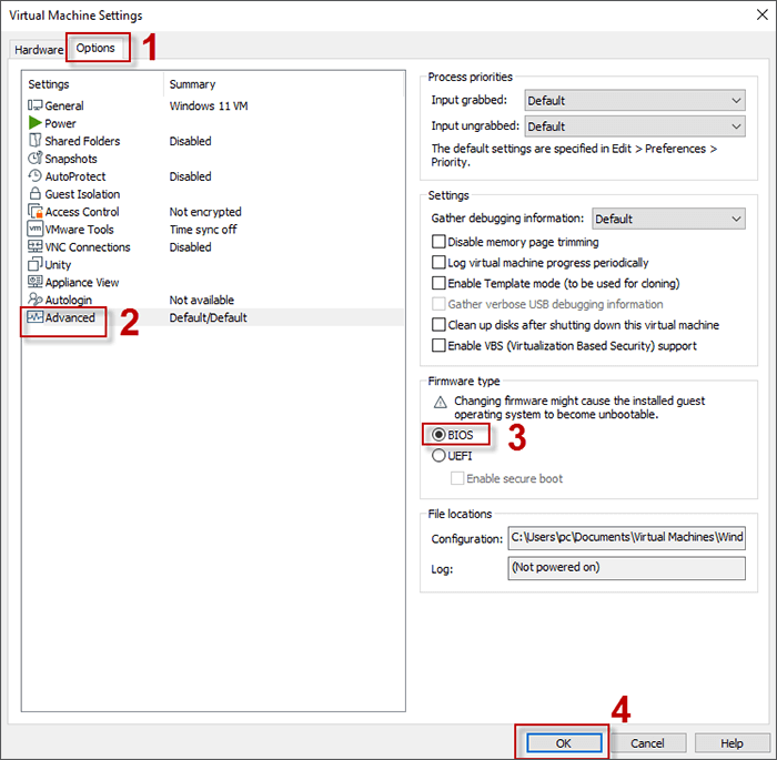 Click Options and Advance to choose BIOS