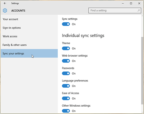 Sync settings