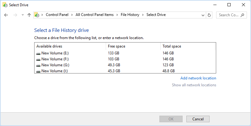 choose another drive for file backup