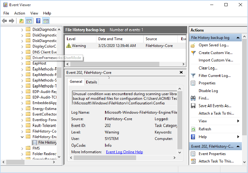 File History backup log