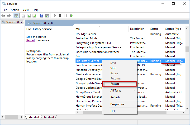 restart File History Service