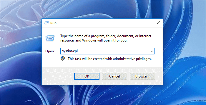  enter sysdm.cpl in Run window