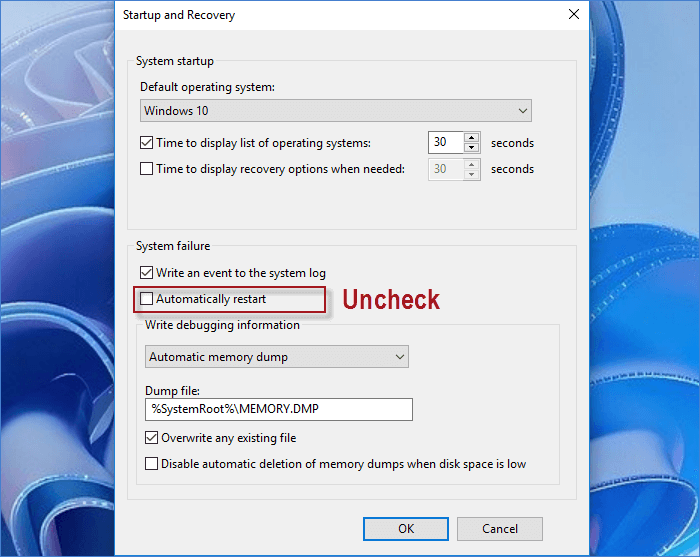 uncheck Automatically restart option