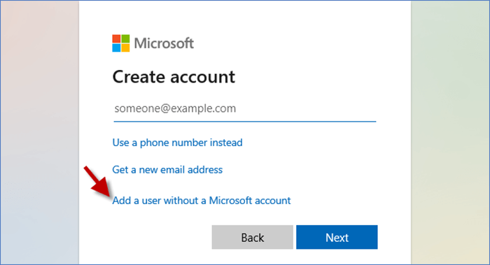 Select Add a user without a Microsoft account