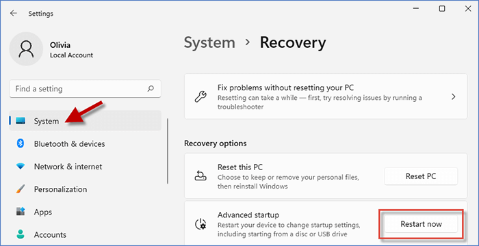 Enter Settings and click on restart now