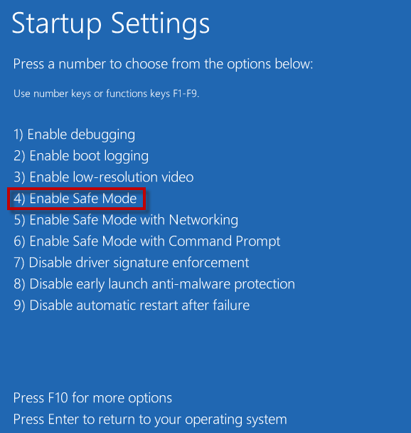 press 4 to enable safe mode