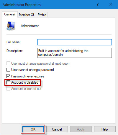 Uncheck Account is disabled