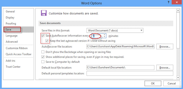 turn on autosave in word 2013