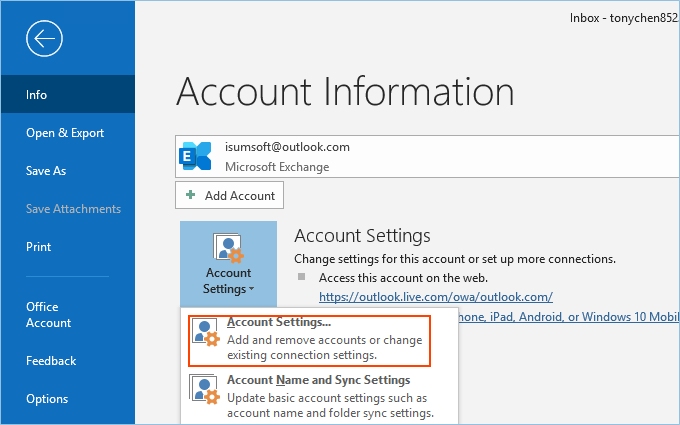 recover outlook email account settings
