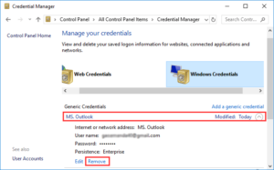 clear outlook password windows 10